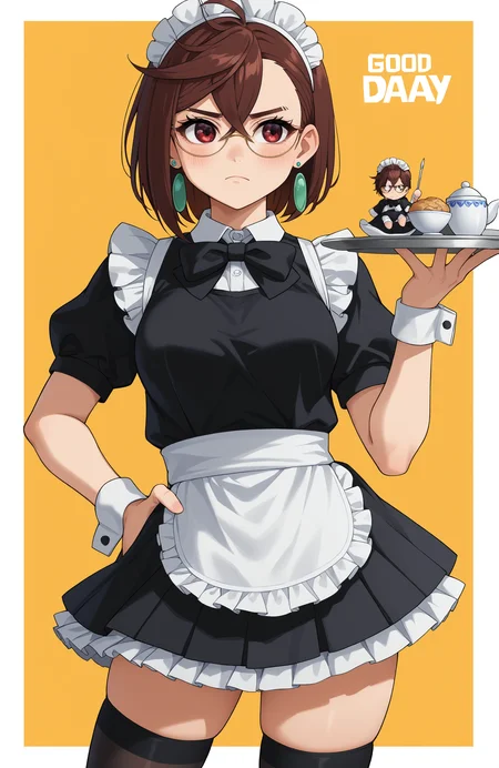 (Score_9,  score_8, score_6, score_7:0.6), masterpiece, best quality, good quality, newest,AyaseM, 1girl, large breasts, looking at viewer, blush, smile, short hair, simple background, skirt, brown hair, 1boy, red eyes, black dress, black thighhighs, miniboy, black bow, hair between eyes, closed mouth, jewelry, standing, puffy short sleeves, cowboy shot, earrings, center frills, alternate costume, glasses, puffy sleeves, black bowtie, mole, chibi, grin, white apron, character name, black jacket, looking to the side, white wrist cuffs, hand on own hip, maid headdress, zettai ryouiki, skindentation, swept bangs, copyright name, white border, frown, short dress, frilled dress, yellow background, waist apron, maid apron, crossed bangs, holding plate, outside border, frilled apron, holding tray, round eyewear, contrapposto, asymmetrical hair, asymmetrical bangs, enmaided, collared dress, character doll, pleated dress, holding doll, maid day,  <lora:Momo_Ayase_-_PDXL:1>âââ