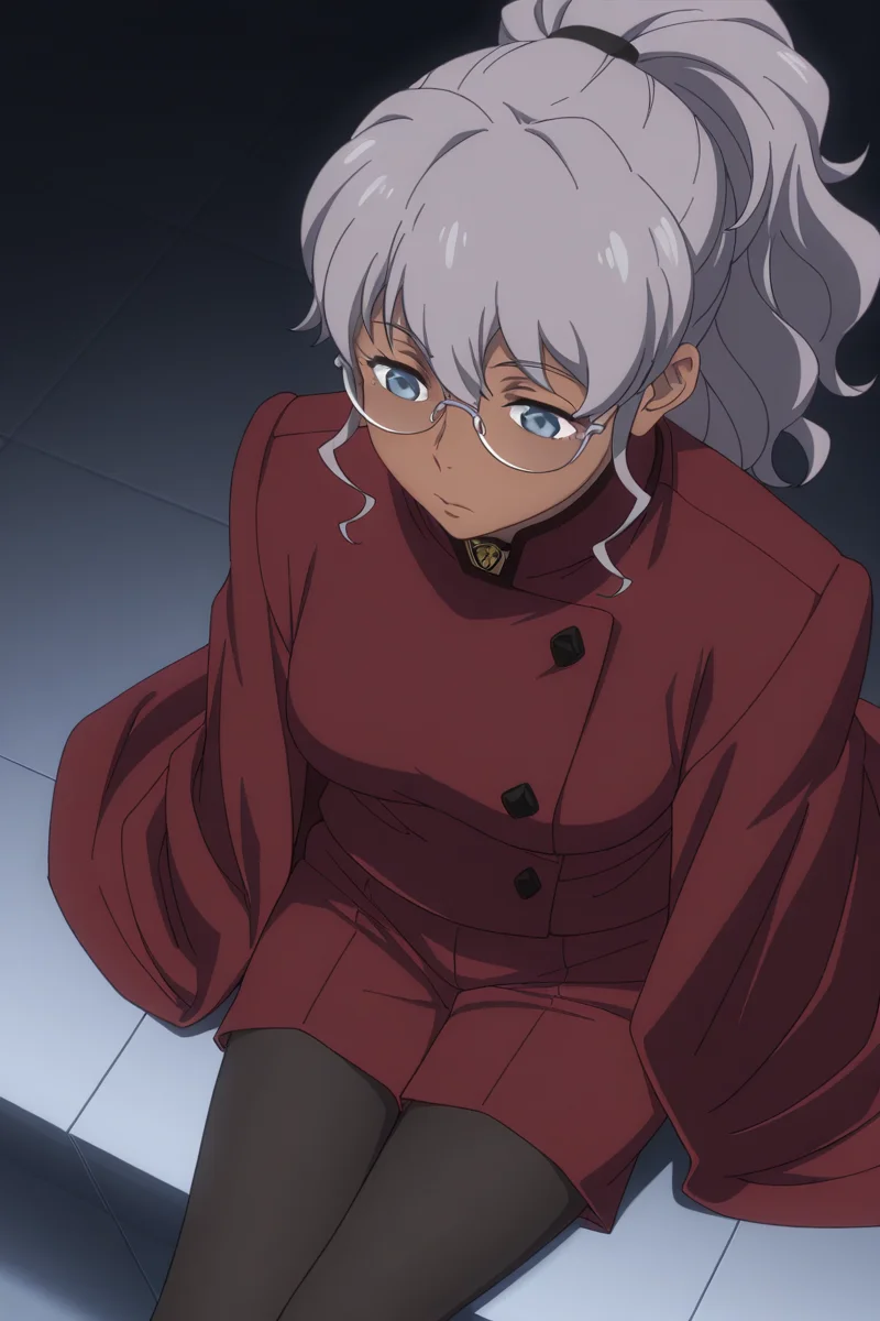 masterpiece, best quality, amazing quality,
<lora:Naomi_IL:1> naomi, solo, 1girl, dark-skinned female, glasses, dark skin, ponytail, grey hair, grey eyes, from above, anime coloring, black pantyhose, redcoat uniform, sitting