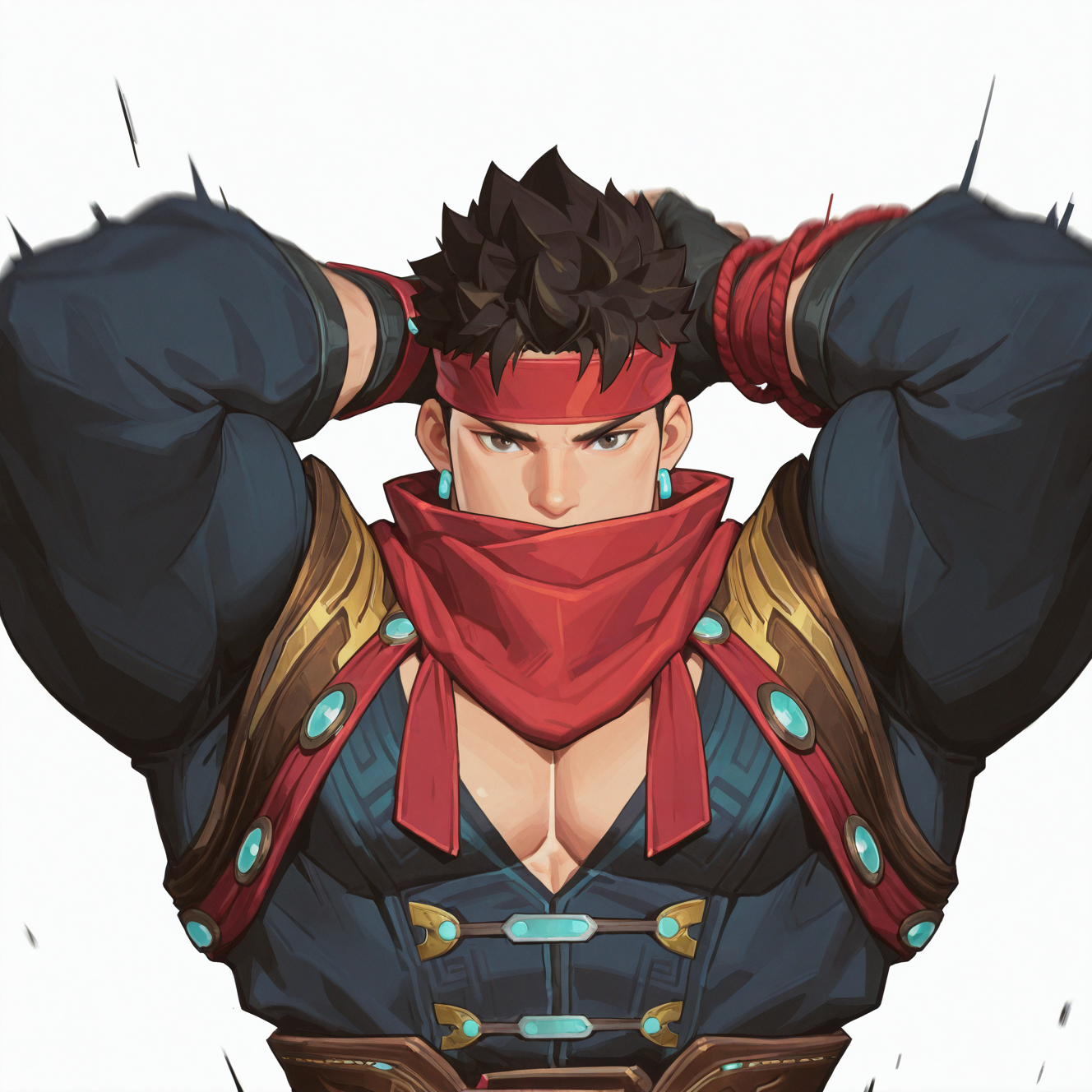 <lora:SWORD_MASTER:1>sword_master, solo, looking at viewer, short hair, simple background, brown hair, black hair, long sleeves, 1boy, gloves, jewelry, jacket, upper body, male focus, earrings, open clothes, black gloves, belt, fingerless gloves, grey background, scarf, arms up, muscular, headband, muscular male, pectorals, red scarf, covered mouth, aura, pectoral cleavage, red headband, red bandana, motion blur, film grain, abstract, natural lighting, fantasy, cinematic, dynamic, very awa, masterpiece, best quality, absurdres, newest, perfect quality, detailed background, intricate details, (artist:fl \(l-fl\):0.7), (artist:tooboshoo:0.7), (artist:dizdoodz:0.8)
