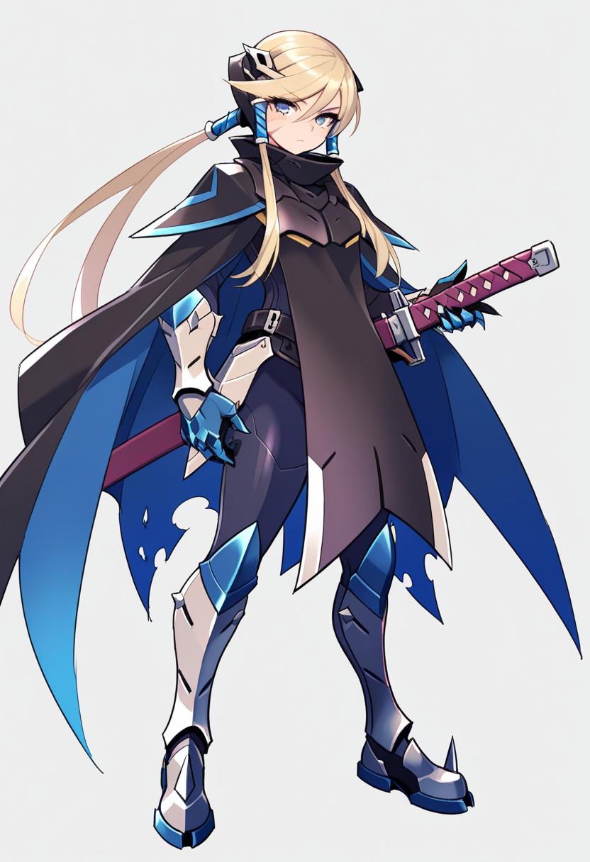 masterpiece, best quality,  <lora:blade:1>, g.v.blade, blue eyes, headgear, scar on face, bangs, cape, gauntlets, armor, armored boots, sword, holding sword