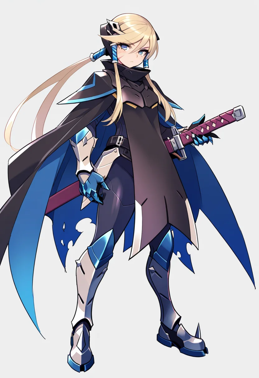 masterpiece, best quality,  <lora:blade:1>, g.v.blade, blue eyes, headgear, scar on face, bangs, cape, gauntlets, armor, armored boots, sword, holding sword