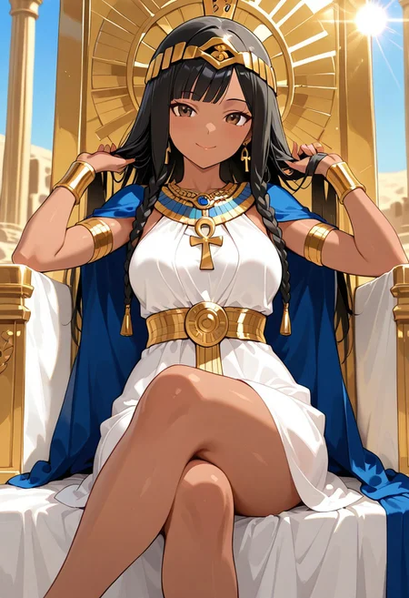 masterpiece, best quality, amazing quality, girl, black hair, brown eyes, long hair, straight hair, side swept bangs, medium breasts, perfect eyes, 8k, highest quality, ultra details,1girl, solo, long black hair, small braids,blunt bangs, tan skin, brown skin,long white linen sheeth dress, ancient egyptian dress, blue cape, egyptian necklace, gold waist chain, gold earrings, gold tiara, barefoot, ancient egypt background, queen, marble palace rooftop, gold throne,  sitting legs crossed, legs covered by dress, cute smile, holding ankh, touching hair, white linen bed, bright sun beams, blue sky, from front, (outdoors:1.4),