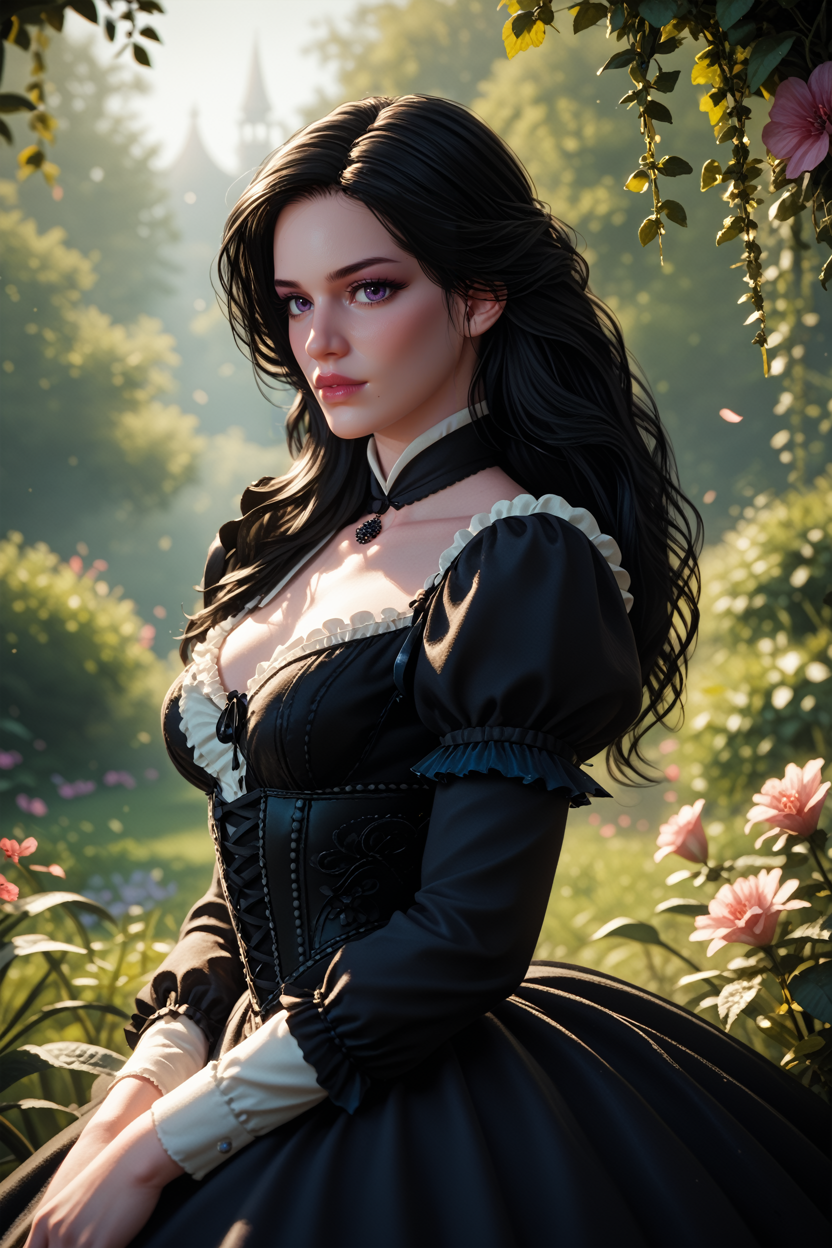 score_9, score_8_up, score_7_up,
<lora:TW3Yennefer:0.8>
TW3Yennefer, 1girl, black hair, purple eyes, long hair, looking at viewer, sensual pose, Victorian conservatory, lush plants, soft light, private retreat