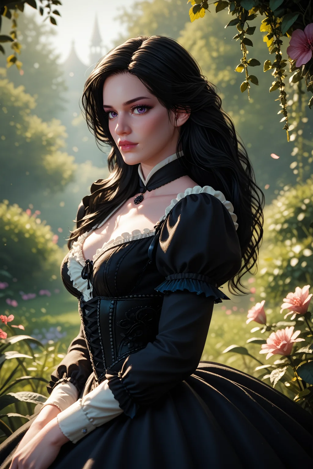 score_9, score_8_up, score_7_up,
<lora:TW3Yennefer:0.8>
TW3Yennefer, 1girl, black hair, purple eyes, long hair, looking at viewer, sensual pose, Victorian conservatory, lush plants, soft light, private retreat