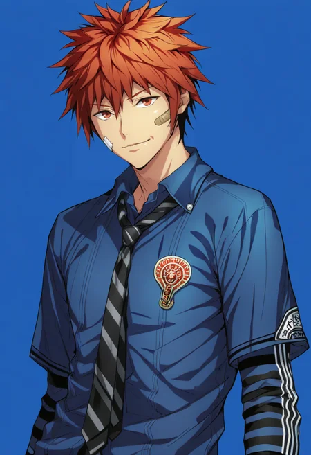 masterpiece,best quality,newest,absurdres,highres,asahi inui,solo,looking at viewer,smile,shirt,1boy,upper body,male focus,short sleeves,necktie,collared shirt,blue background,blue shirt,black striped necktie,bandaid on face,bandage on face,badge,short over long sleeves,<lora:AsahiInui_noob>,