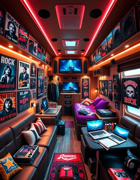 The interior of a modern RV customized for a rock band on tour. The space is stylish and lived-in, filled with musical gear like guitar cases, amps, and a drum pad. Posters of famous rock bands and tour memorabilia cover the walls. There are leather couches, a small kitchenette with snacks and energy drinks, and a cluttered table with laptops, cables, and setlists. A narrow hallway leads to sleeping bunks with personal items like headphones, books, and clothes tossed around. The lighting is warm with LED strips in red and purple tones, giving it a cozy but edgy atmosphere. A small TV displays concert footage, and speakers are mounted on the ceiling. The whole scene feels energetic, artistic, and chaotic in a creative way. Realistic style, rich colors, and highly detailed environment.
<lora:SDXLFaeTastic2400:0.4> <lora:extremely_detailed:0.4> extremely detailed <lora:r0ck_b4nd_rv:1>r0ck b4nd rv, Masterpiece,best quality,hi res,8k,hi res,8k,award winning,(sharp focus, intricate, highly detailed),