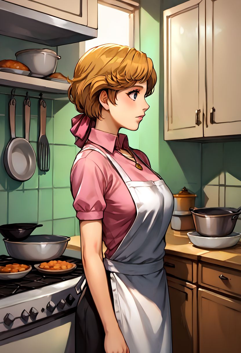 score_9, score_8_up, score_7_up, source_anime,
Frederica
hair ribbon, (best quality) , (highly detailed) ,masterpiece ,absurdres ,detailed face ,beautiful face ,(detailed eyes, deep eyes, anime eyes), 
1girl,solo,female,kawaii,cowboy_shot,pink shirt,shirt,short sleeves,apron,necklace,kitchen,cooking,burnt dishes,flustered,confused,looking_away,from_side,profile,