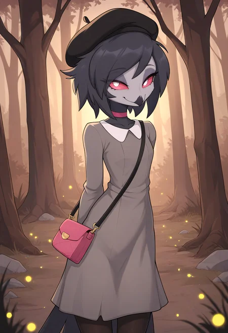 very awa, masterpiece,best quality,amazing quality, best quality, newest, absurdres, highres, detailed background, detailed hair, depth of field, detailed skin, best quality, amazing quality, very aesthetic, high resolution, ultra-detailed, absurdres, OverallDetailXL, skinny, narrow waist, aged up, ssssnowy, octavia \(helluva boss\), octavia, anthro, furry, furry female, owl girl, owl demon, beak, red sclera, white pupils, short hair, messy hair, dark blue hair, swept bangs, gray fur,pink choker, dress, jumper_dress, Concrete dress, tights, ankle_boots, beret, crossbody_purse,, portrait, looking at viewer, smile, closed mouth, forest, twilight, fireflies, glowing_mushrooms, fog,,,