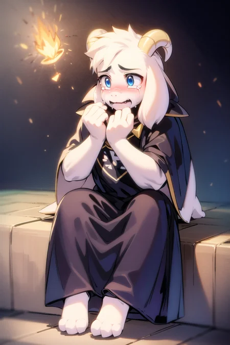 1boy, <lora:asriel-30:0.8>, god of hyperdeath, crying, sit, black clothes, horns
