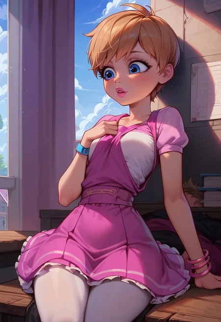 (score_9, score_8_up, score_7_up, score_6_up, score_5_up, score_4_up), easynegative, Expressiveh, source_cartoon, dark lighting, (high quality), (high resolution), 4k, beautiful, closed-up, (Rose Lavillant, blonde hair, short hair, pixie cut, bangs, bangs that slightly cover her eyes, blue eyes, eyeliner, pink lipstick, crotch-length light magenta dress with light pink sleeves and the front of the top, pink and vivid magenta stripes on the front, dark magenta wearable band tied around her waist, , pink mini skirt with two white edges at the bottom of the cloth, white leggings, two pink bracelets around her right wrist), slim waist, small breaths, wide hips, BREAK, background, School yard