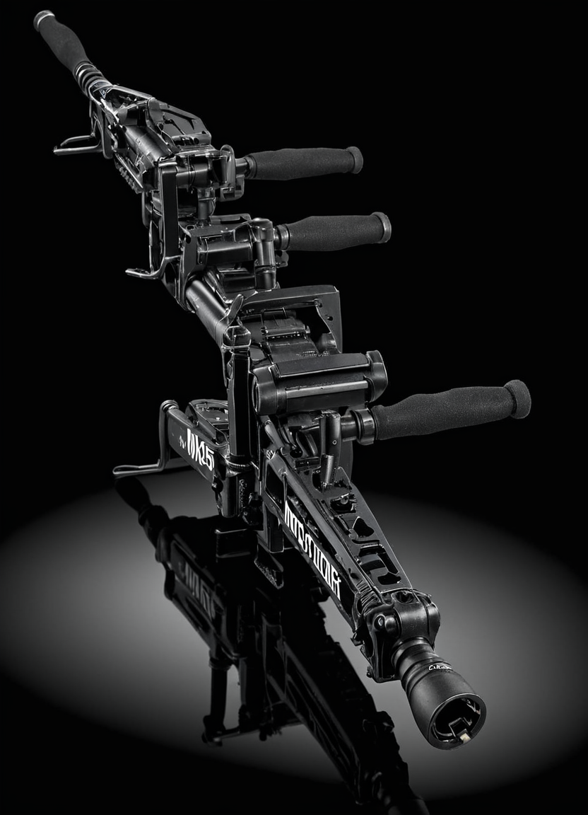 product advertisment photo of a m56smrt weapon, text "More Power!" in bold letters, displayed on a glass surface, refelctions, glossy, dark background,
 <lora:M56_Smartgun_-_Aliens_SDXL:1>