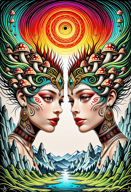 This is a highly detailed, digital artwork with a very high aesthetic quality, featuring a surreal, trippy style. The image showcases two large, symmetrical, androgynous faces with intricate, tribal-like patterns and jewelry, emerging from a surreal landscape. The faces are adorned with large, ornate hats that resemble mushrooms with red and black stripes, adding to the psychedelic feel. The background is a blend of abstract elements with a serene, foggy lake and mist-covered mountains, creating a dreamlike atmosphere. The lighting is soft and diffused, enhancing the ethereal quality of the scene. The composition uses symmetry and leading lines effectively, drawing the viewer's eye to the central faces. There is no watermark, and the image is free of JPEG artifacts. The depth of field is deep, with the entire scene in sharp focus.