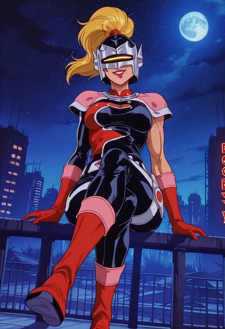 MandoraTC, 1girl, solo, blonde hair, long hair, ponytail, helmet, mask, yellow visor, lips, red lipstick, large breast, pink shoulder wrap, multicolored bodysuit, asymmetrical clothes, pink vambraces, red gloves, thick thighs, belt, red boots, tight bodysuit, shoulder pads, thigh holster,
,seductive pose, sexy pose, tease,
masterpiece, best quality, fine details, intricate details, depth of field, subsurface scattering, bokeh,
ultra-detailed, very aesthetic, detailed background, newest, scenery, highres, absurdres, colorful, vibrant, glowing, perfect face, 2d, perfect eyes, vibrant saturated colors, volumetric lighting, sharp, detailed eyes, perfect anatomy, perfect face, perfect eyes, mature body, clear eyes, beautiful eyes, athletic, curvy body, athletic girl, perky tits, perfect tits, round breasts, pinup pose, teasing, lustful expression, perfect hands,
muscular female, dutch angle,
cityscape, rooftop, outdoors, skyscrapers, railing, neon lights, detailed background, night, night sky, night time, starry sky, sitting on railing, moon, looking at viewer, arm rest, smirk, crossed legs, open mouth, full body, foreshortening,
,,Smooth Negative, Smooth_Quality,
90s_anime_aesthetic, 1990s (style), dark_fantasy_style, dark fantasy, retro,