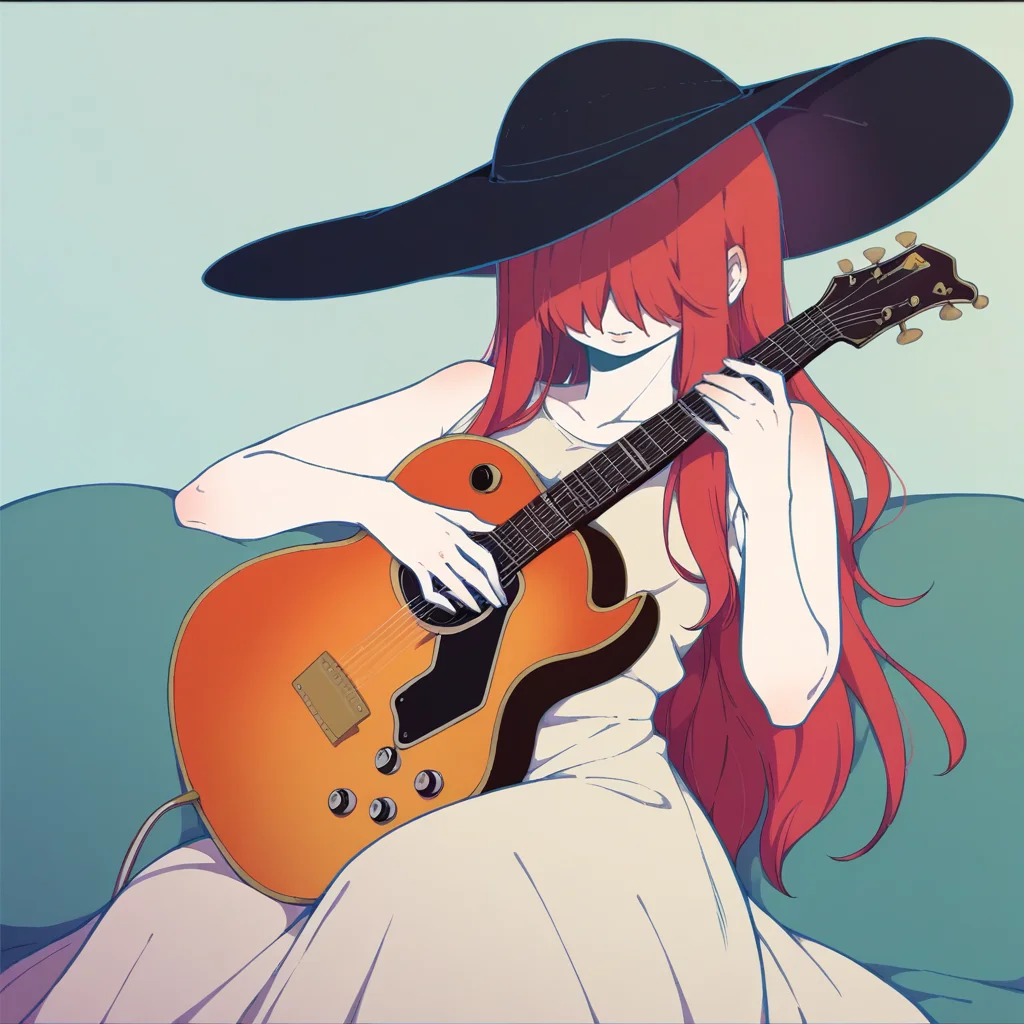 score_9, score_8_up, score_7_up, score_6_up BREAK s8t, 1girl, hair over eyes, guitar, holding instrument, playing instrument, dress, ajirogasa, hat, red hair, long hair, sitting, music, cowboy shot, solo, <lora:tukiGirlPDXLv0.9tx2-000006:0.9>