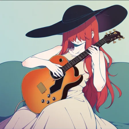 score_9, score_8_up, score_7_up, score_6_up BREAK s8t, 1girl, hair over eyes, guitar, holding instrument, playing instrument, dress, ajirogasa, hat, red hair, long hair, sitting, music, cowboy shot, solo, <lora:tukiGirlPDXLv0.9tx2-000006:0.9>