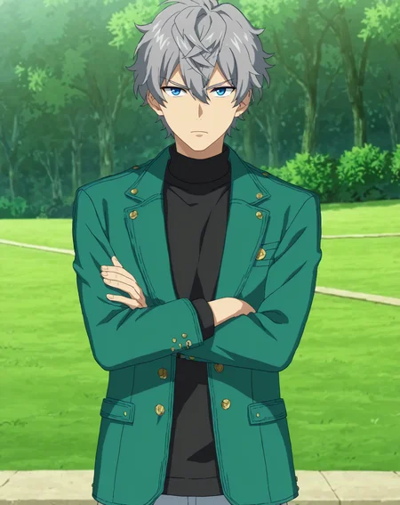 score_9, score_8_up, source_anime, scenery, anime screencap, original style, BREAK, rating_safe, 1boy, solo, male focus, mature male, <lora:sena_izumi_ponyy:0.7>, sena_izumi_pony, grey hair, blue eyes, short hair, hair between eyes, bangs, curly hair, cowboy shot, annoyed, standing, looking at viewer, black sweater, turtleneck, pale green jacket, crossed arms, looking at viewer, masterpiece, best quality, very aesthetic, absurdres <lora:detailed_backgrounds_v2:1> <lora:sdxl_lightning_8step_lora:1>