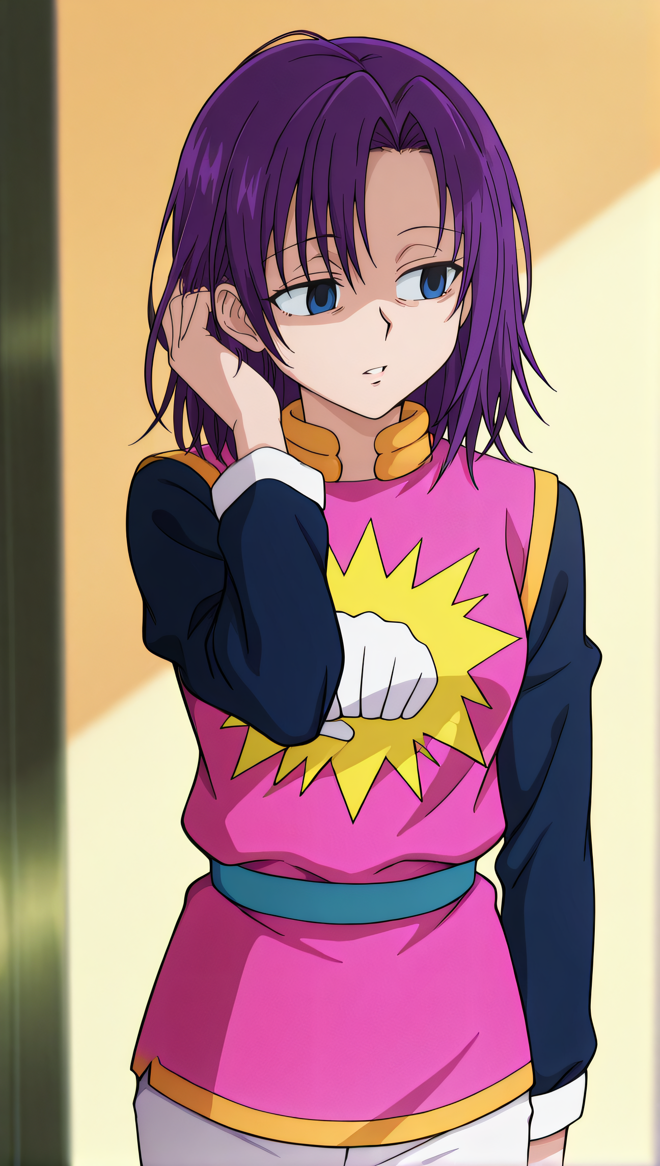 masterpiece, best quality, highres, newest, 1girl, solo, official style, anime screncap, <lora:Heavens_Arena_Employees:1>, hxhclerk, dark circles, shaded eyes, purple hair, blue eyes, medium hair, pink uniform, raglan sleeves, white pants, looking away, indoor, cowboy shot, parted lips, hand on hair