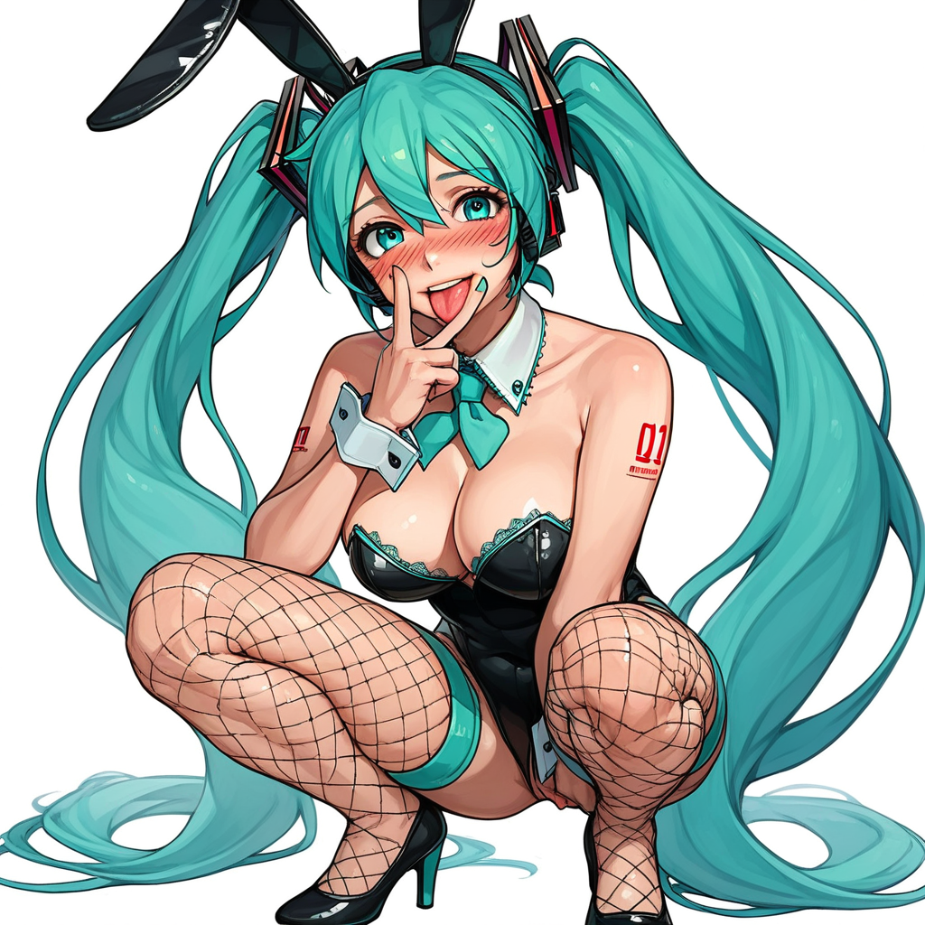score_9, score_8_up, score_8, (source_anime), BREAK, (hatsune Miku:1.2), blush, perfect face, 1woman, 22 years old, squatting, streaked hair, bunnysuit, playboy_bunny, leotard, thighhighs, fishnets, highheels, deatached_cuffs, cleavage, cunnilingus_gesture, BREAK, breasts covered, lace bra, 1woman, v_over_mouth, blush, detailed eyes, lips, smile, upper body, breasts, (cunnilingus_gesture:1.4), tongue out, (perfect hand), (focus on face), tongue out, close up