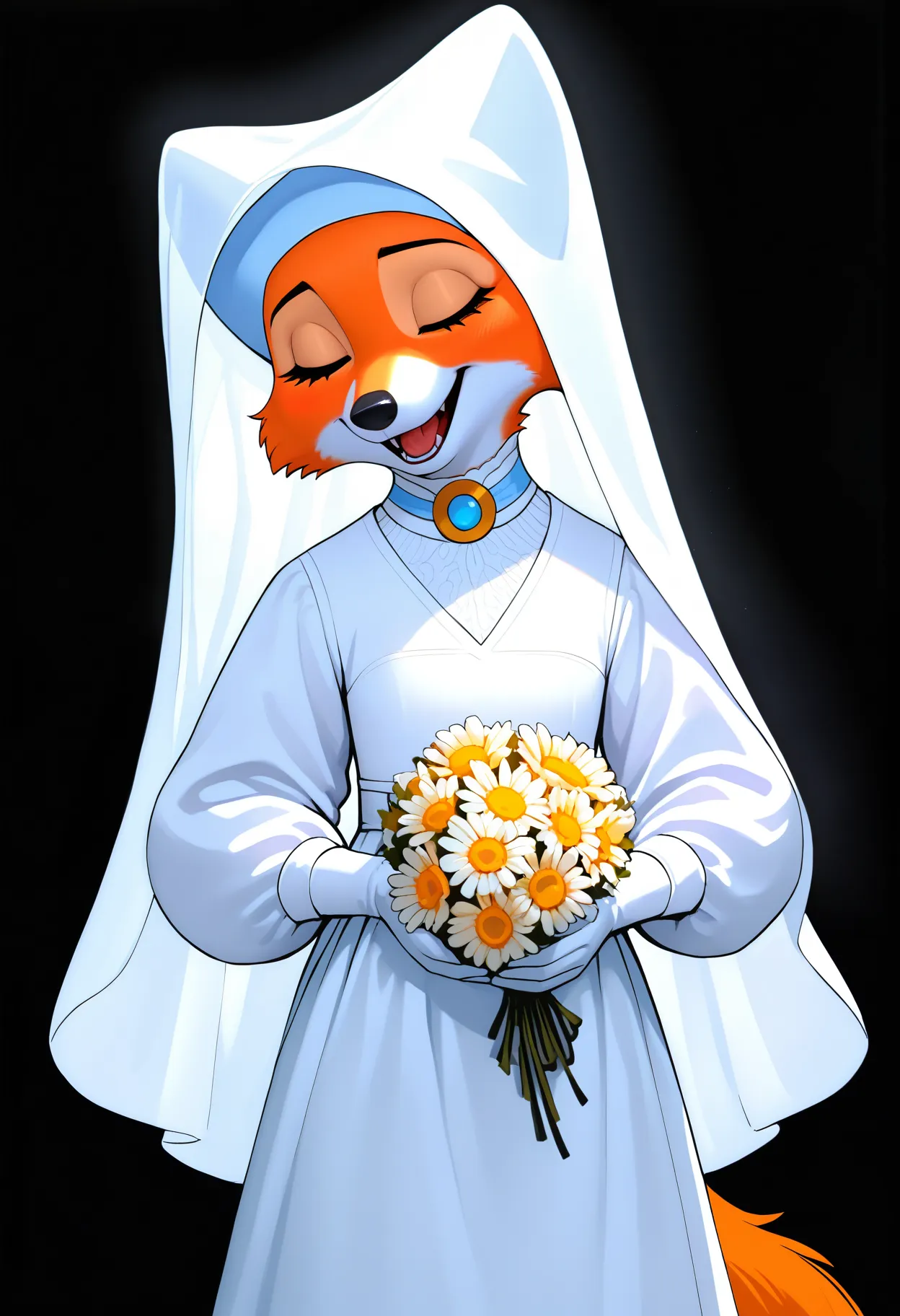 masterpiece, best quality, newest, absurdres, highres, safe, beautiful lighting, detailed, realistic, BREAK,
marianc, 1girl, solo, female, fox, orange fur, eyes closed, black nose, short snout, wedding dressc, broochc, white chimesec, white wimple, bouquet, holding bouquet, sigh, happy, mouth open, open smile, tail, black background, from front, facing side, hands together, fingers interlaced, flat color, flat chest, flowers, cowboy shot, looking pleasured, wimple
, <lora:Marian_v10Noob3-9s96:0.8>    <lora:noobai_ep11_stabilizer_v0.138_fp16:0.8>