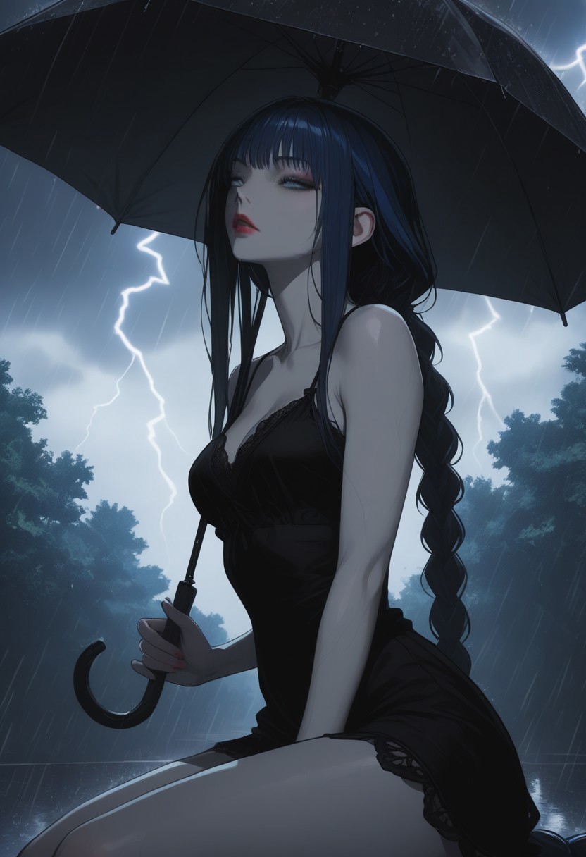 masterpiece, best quality, amazing quality, very aesthetic, detailed eyes, perfect eyes, realistic eyes, 
1woman, dark blue hair, ((hair in long single braid)), (((very long braid))), absurdly long hair, blue eyes, ((slim body)), fit slim, (small breasts), fair skin, dynamic angle, red lipstick, close up, portrait, face focus, headshot, partial side view, CCD
Wearing slender black dress, short dress, 
Sitting in a park, holding an umbrella above her, 
Heavy rain, dark stormy clouds, lightning, extremely dark,