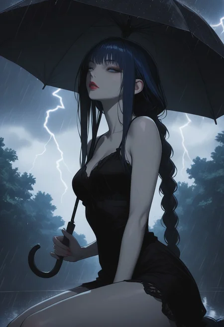 masterpiece, best quality, amazing quality, very aesthetic, detailed eyes, perfect eyes, realistic eyes,
1woman, dark blue hair, ((hair in long single braid)), (((very long braid))), absurdly long hair, blue eyes, ((slim body)), fit slim, (small breasts), fair skin, dynamic angle, red lipstick, close up, portrait, face focus, headshot, partial side view, CCD
Wearing slender black dress, short dress,
Sitting in a park, holding an umbrella above her,
Heavy rain, dark stormy clouds, lightning, extremely dark,