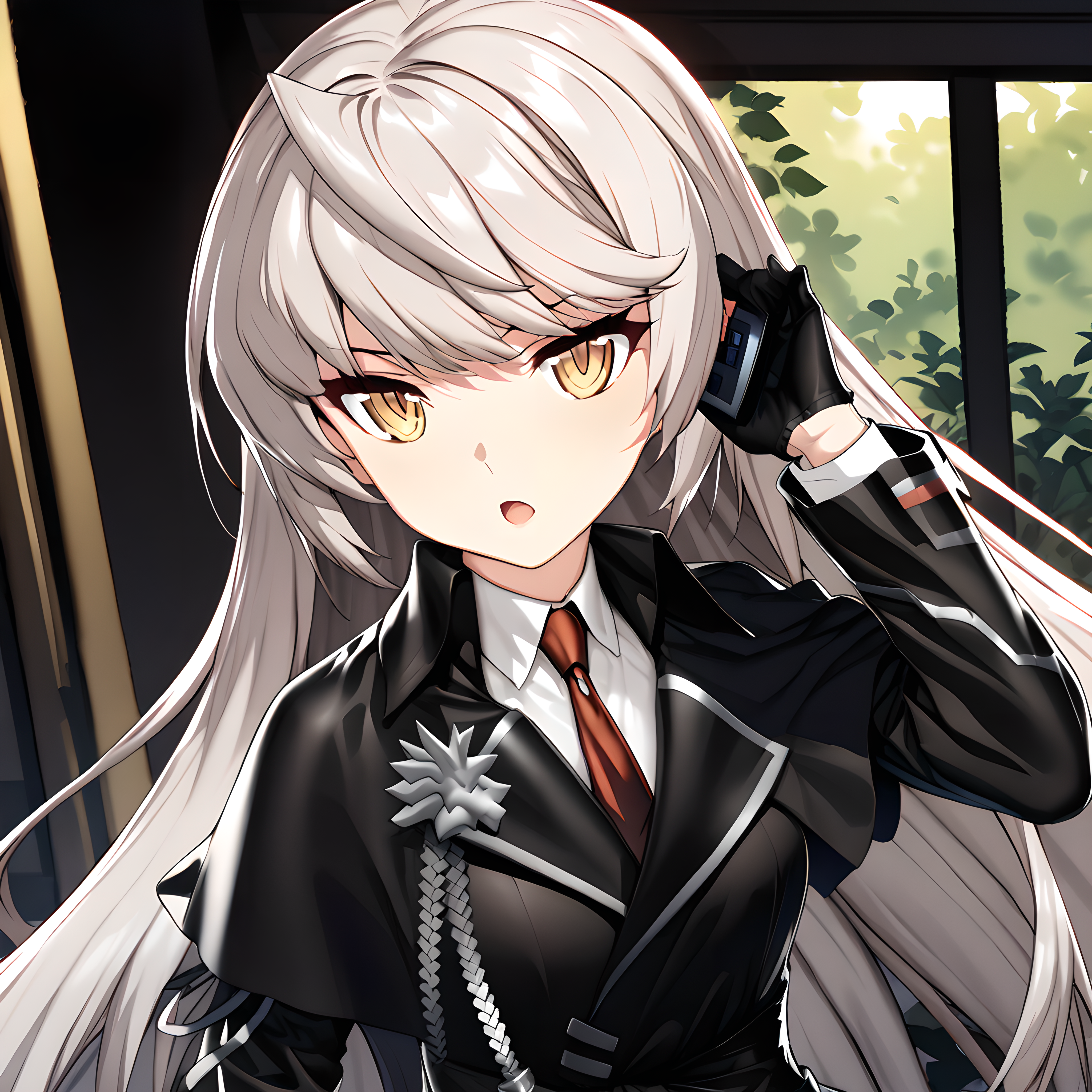 (masterpiece),(best quality),(ultra-detailed),(best illustration),(best shadow),(absurdres),(detailed background),(very aesthetic)hilde, fenrirsquad, 1girl, long hair, solo, necktie, gloves, red necktie, open mouth, talking on phone, yellow eyes, phone<lora:Hilde_-_CounterSide_SDXL_Animagine_XL_3.1:1>