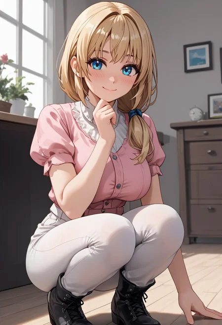 score_4,score_5,score_6,score_7_up,score_8_up,score_9 ((masterpiece,best quality,ultra detailed,highres,HD,4k:1.2)),
1 cute girl,solo,girl focus,solo focus,face focus,
indoors,
blonde hair,long hair, low ponytail,hair over shoulder, blue eyes,huge breasts,
pink top, white shirt, short sleeves, puffy sleeves,ribbon on clothes,short pants,white pants,((black pantyhose)), black footwear, boots,
looking at viewer,
smile,happy,closed mouth,blush,