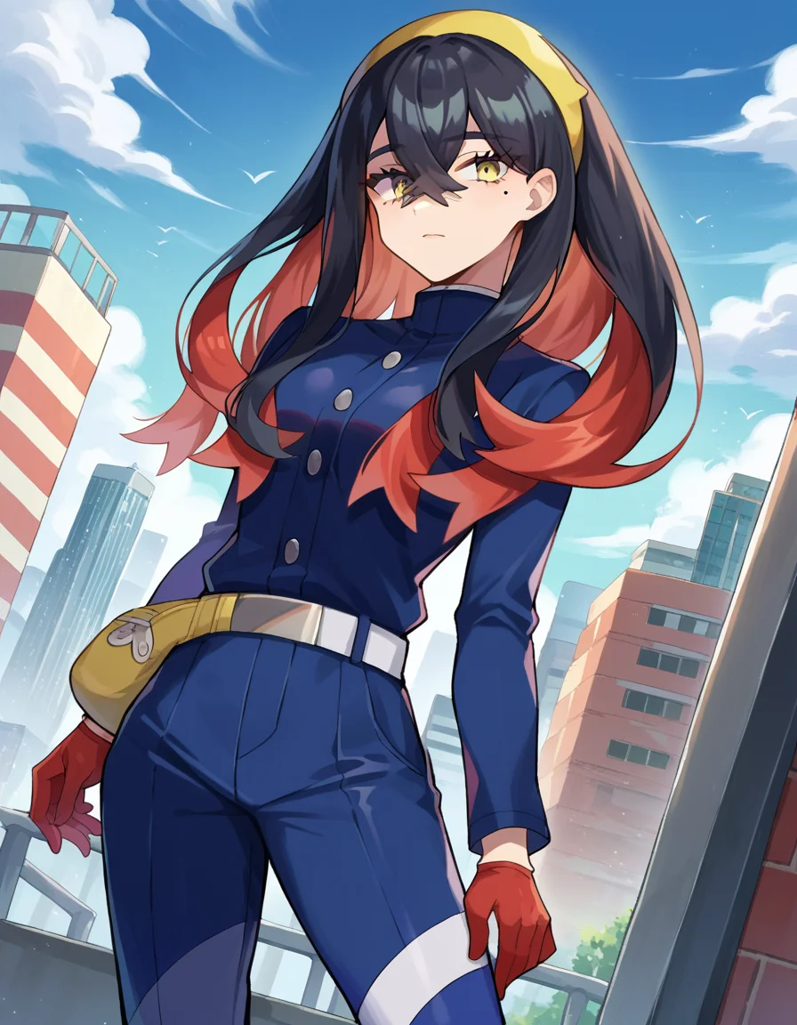 score_9, score_8_up, score_7_up, source_anime,
pokemoncarmine, <lora:pokemon-carmine-ponyxl-lora-nochekaiser:1>
pokemoncarmine, black hair, colored inner hair, crossed bangs, hair between eyes, hairband, long hair, mole, mole under eye, multicolored hair, red hair, sidelocks, two-tone hair, yellow eyes, yellow hairband,
buttons, long sleeves, jacket, gloves, red gloves, pants, belt, blue pants, blue jacket,
outdoors, cityscape,
looking at viewer, cowboy shot, dutch angle,