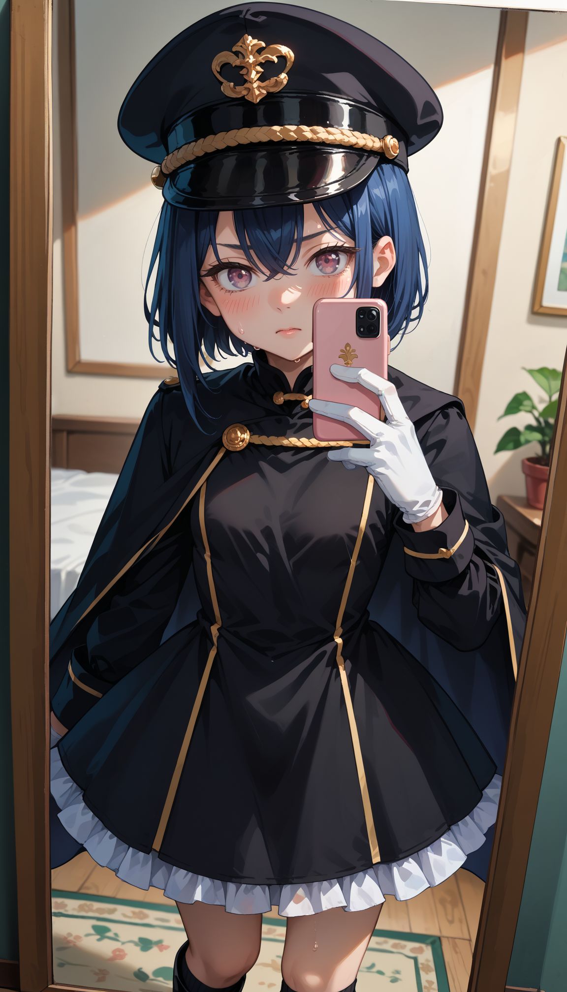 score_9, score_8_up, score_7_up, source_anime,  
bbsajuna,blue eyes,peaked cap,black headwear,blue hair,short hair,hair between eyes,bangs,black cape,dress,(black dress:1.4),long sleeves,(white gloves:1.1),(black skirt:1.4),frilled skirt,socks,black socks,boots,black footwear
 <lora:Inui Sajuna :1> blush, cellphone photo, 1girl, smartphone, holding phone, pov hands, looking at viewer,, mirror, sweat, reflection, dutch angle,  female pov, small breasts, indoors, pink eyes, selfie, solo focus, standing, black flower, plant