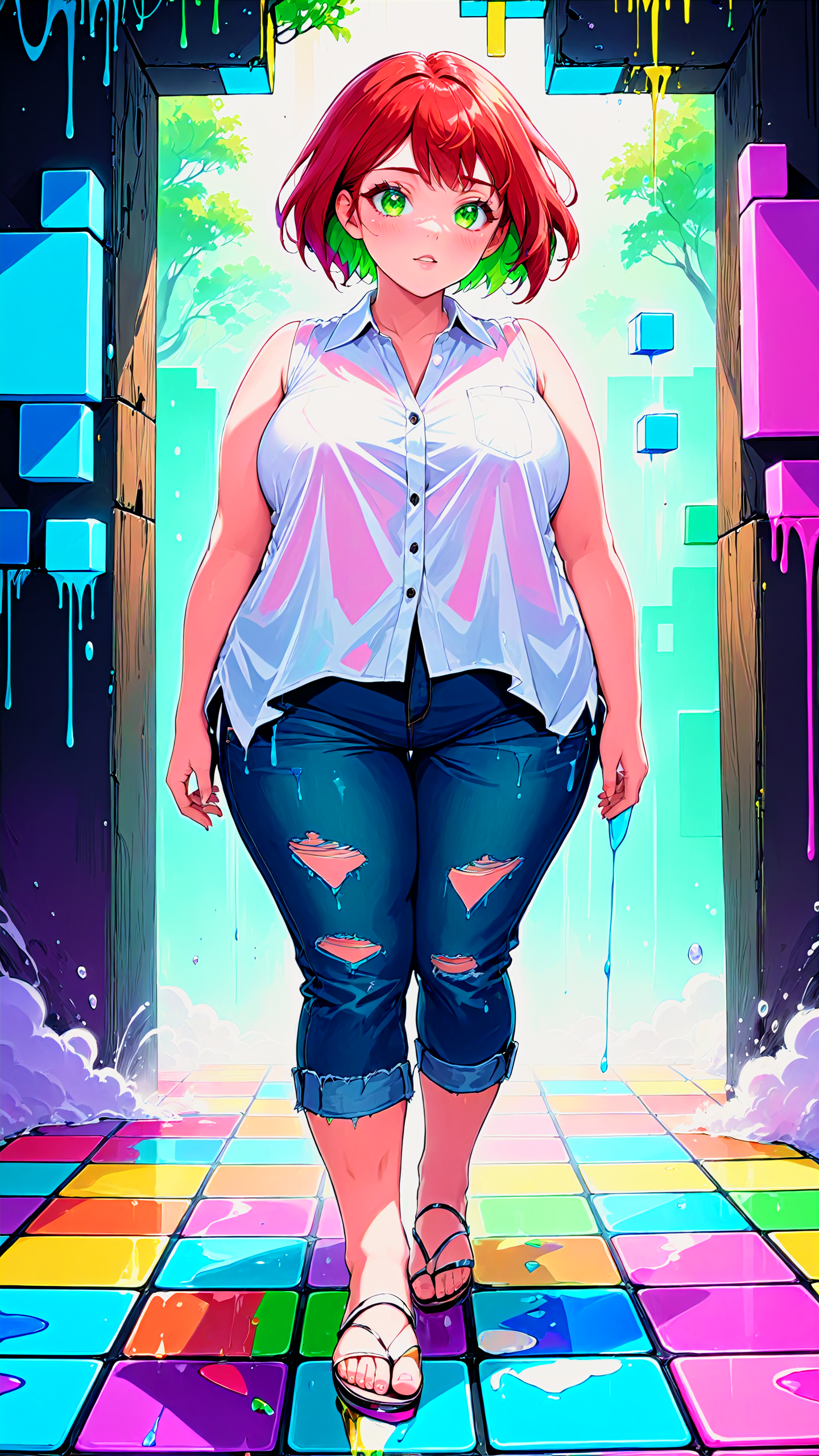masterpiece, best quality, 1girl, red hair, wavy hair, very short hair, collared shirt, partially unbuttoned, cutoff jeans, mature female, cartoon style, chubby girl, public places ,feet out of frame, sleeveless, Girl, Colorful, Tetris, colorful paint, splash paint, Liquid, fog, vibrant color, matrix, hologram, absurdres, fine detailed, ultra detailed, highly detailed, intricate, masterpiece, 4k, (Schizowave), <lora:Schizowave:1.1>