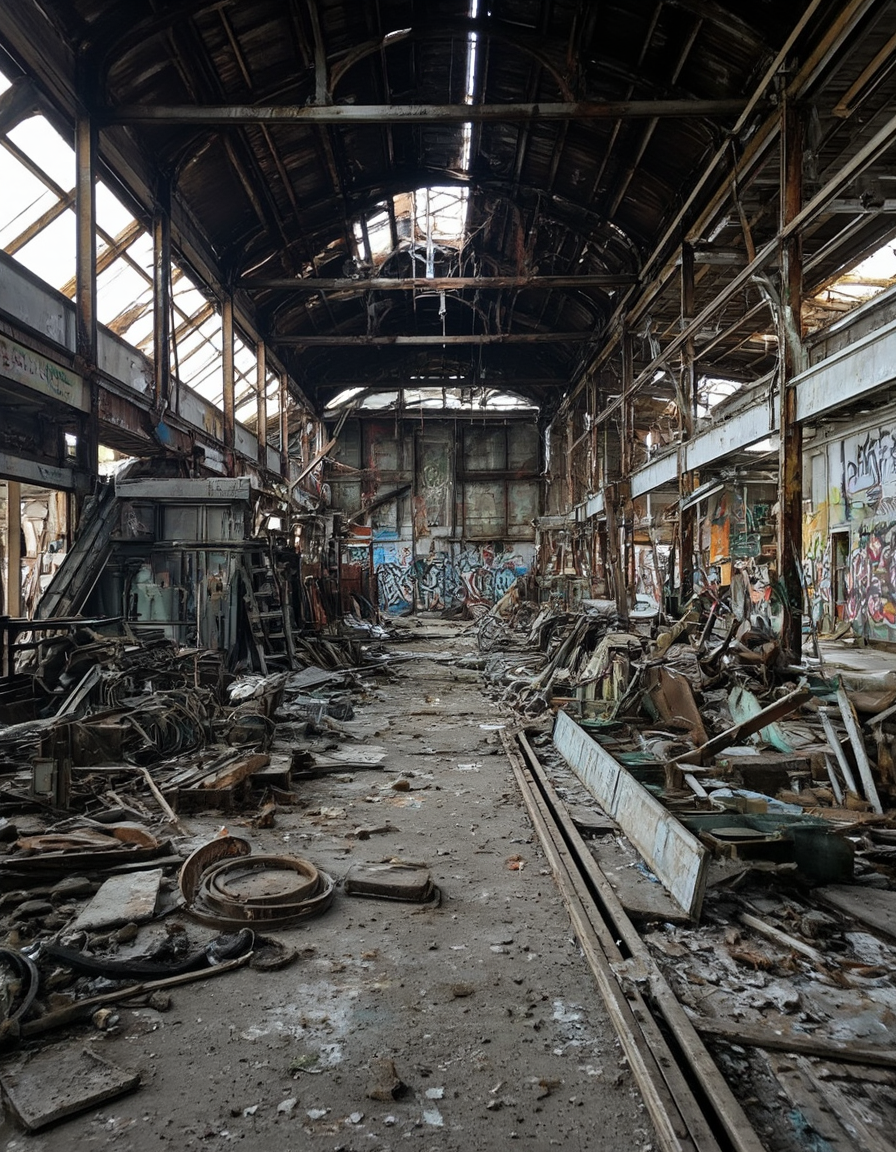 <lora:CW02_Lost_indusin:1> photo, cw02lost, indoors, abandoned, factory, rust, decay, derelict, broken machinery, industrial, destruction, metal, graffiti, broken roof, steel beams, debris, grunge, ruin, cold, structure, weathered, mess, desolation, corrosion