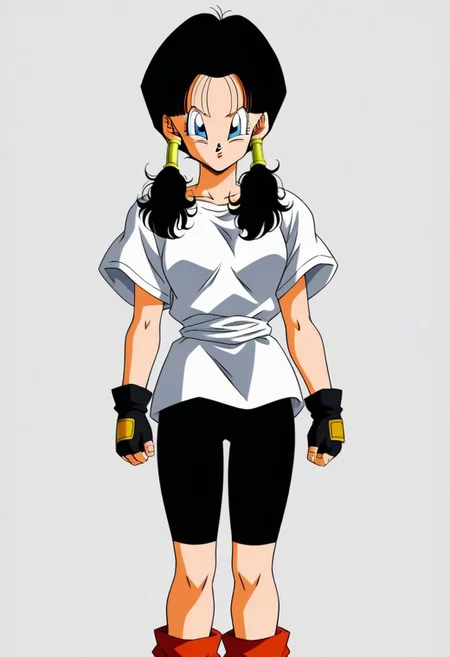 (((anime screen cap, 90s TV low resolution, retro Dragon Ball Z Style))), ((Videl)), 1girl, solo, blue eyes, black low twin tails,white long shirt, black bike shorts, fingerless black gloves, (((standing)))