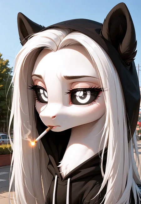 score_9, score_8_up, score_7_up, score_pony, zPDXL3, Albina, 1girl, wild pony, pony, white fur, white long hair, (black sclera:1.1), white eye, glowing white eyes,( black wings:1.1), black ears, in hoodie, in the hood, sad facial expression, close-up face, cigarette in mouth, smoke, BREAK (masterpiece:1.3), (best quality:1.3), (ultra-detailed:1.3), (cinematic lighting:1.2), (depth of field:1.1), (sharp details:1.1)