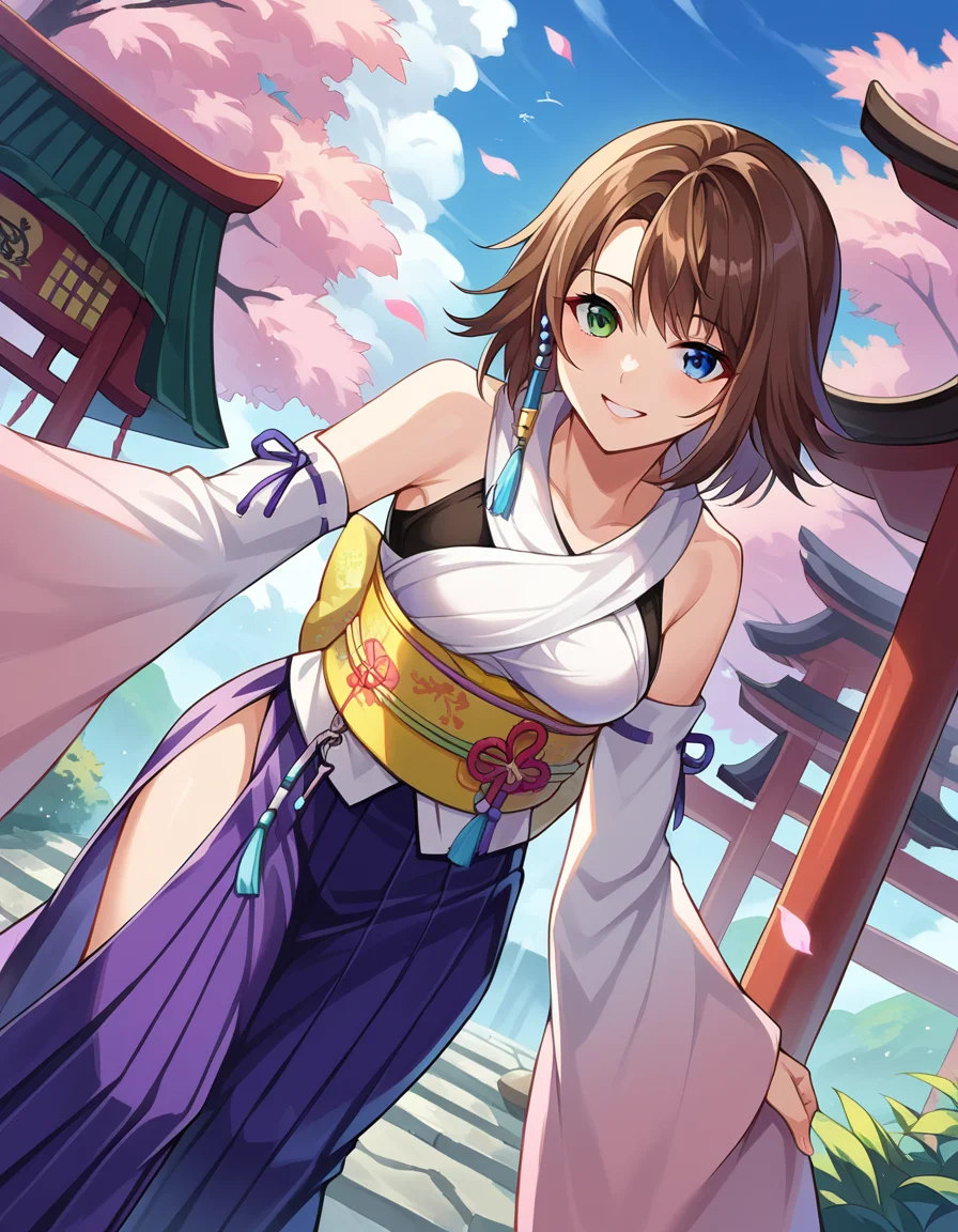 score_9, score_8_up, score_7_up, source_anime,
ffyuna, <lora:ff-yuna-ponyxl-lora-nochekaiser:1>,
yuna, blue eyes, brown hair, green eyes, hair ornament, heterochromia, short hair,
bare shoulders, detached sleeves, hakama, hakama skirt, japanese clothes, purple hakama, skirt, obi, sash, side slit, wide sleeves, white shirt,
outdoors, shrine, bent over, smile,
looking at viewer, cowboy shot, dutch angle,