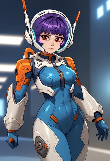 Juno_Overwatch2, Juno_helmet, Juno_armor_top, Juno_gloves, Juno_weapon, Juno_pants, Juno_boots, Juno, violet hair, short hair, straight bangs, red eyes, futuristic helmet with a transparent visor, bright blue and white details, led lights on the side of the helmet, white headphones over the helmet, tight body suit, tricolor bodysuit, light blue bodysuit, blue with orange details, full bodysuit, blue and orange gloves, white forearm armor, tall white futuristic boots, with orange details, small sizes, marked waist