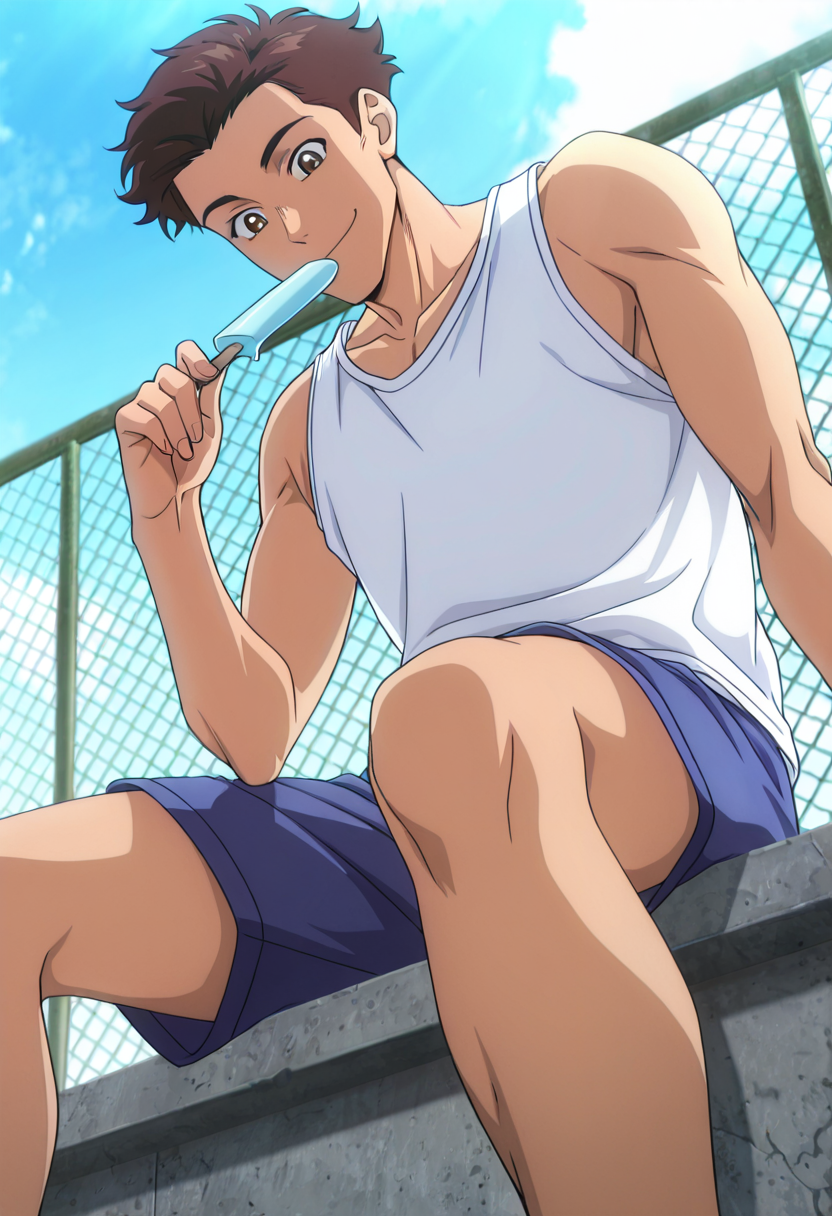 masterpiece, best quality, newest, absurdres, anime screencap, intricate details, good quality, very awa, highres, perfect proportions, perfect eyes, amazing quality, very aesthetic, <lora:Sakaki_Shohei_Love_All_Play.safetensors:1.0>,  1boy, shoh31_sakak1, brown_shoh31_sakak1_eyes, brown_shoh31_sakak1_hair, anime coloring, solo, male focus,  expressive cute face, sitting, looking down, looking at viewer, smile, holding, popsicle, white tank top, blue shorts,   chain-link fence, concrete, outdoors, day,  from below, shadow, dynamic angle, dynamic action, atmospheric perspective, intricate lighting, intricately detailed illustration, depth of field,
