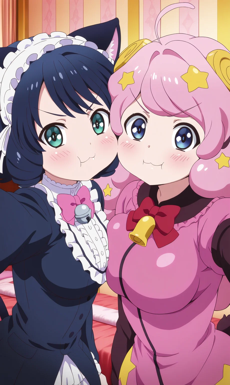 masterpiece, best quality, curvy, beautiful eyes, zzcyanhijirikawa, zzmoa, multiple girls, 2girls, solos, looking at viewer, animal ears, cat ears, Selfie angle, cute, pink hair, green eyes, blue eyes, aqua eyes, v-shaped eyebrows, curly hair, bell, tail, cat tail, cat girl, sheep ears, frown-to-smile, bow, :t, :3, cheek-to-cheek, black hair, hair ornament, long hair, star \(symbol\), horns, closed mouth, sheep horns, portrait, breasts, blush, short hair, star hair ornament, bedroom, parody, large breasts, bowtie, hairband, pink bow, blue hair,