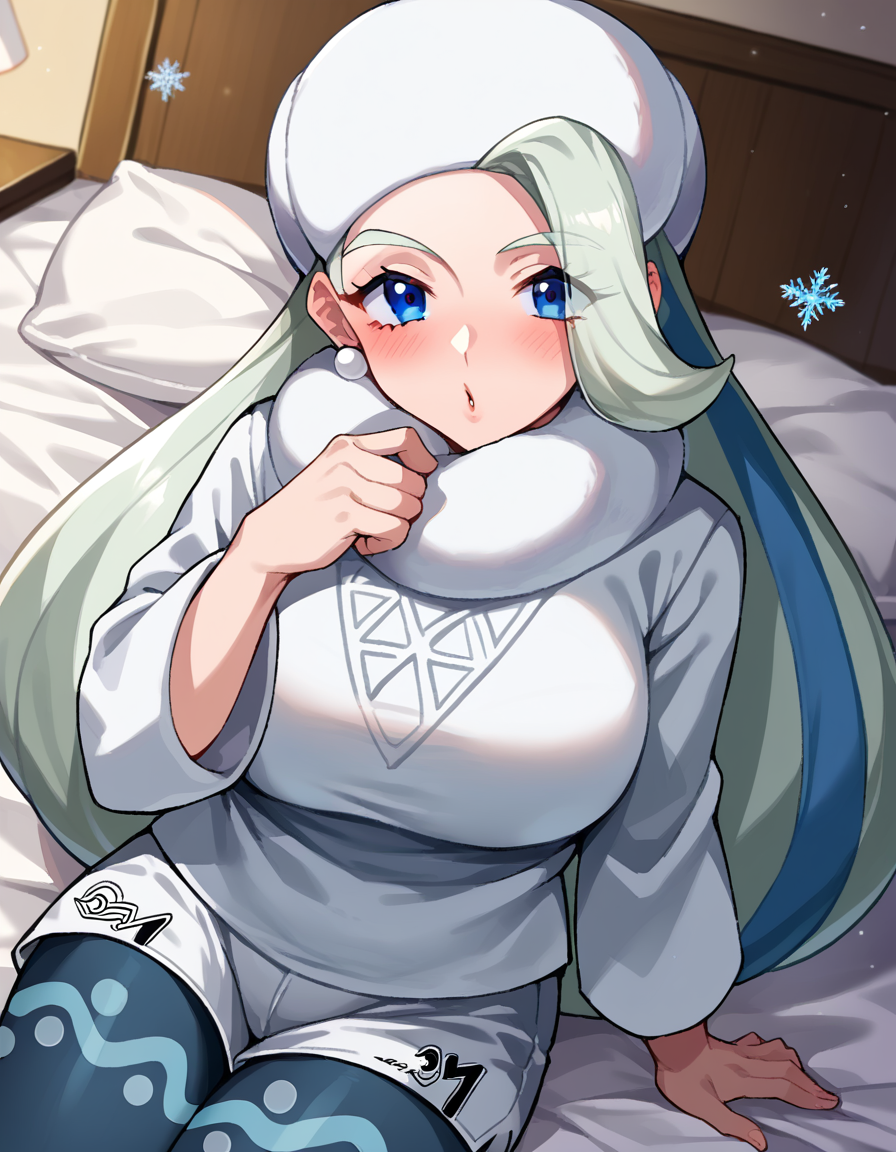 score_9, score_8_up, score_7_up, source_anime,
pokemonmelony, <lora:pokemon-melony-ponyxl-lora-nochekaiser:1>
pokemonmelony, blue eyes, eyelashes, long hair, multicolored hair, streaked hair, grey hair,
earrings, gloves, hat, jewelry, long sleeves, pantyhose, pantyhose under shorts, scarf, shorts, single glove, snowflakes, sweater, white headwear, white scarf, white sweater,
indoors, bed, bed room, on side, blush, drunk,
looking at viewer, cowboy shot, dutch angle,
