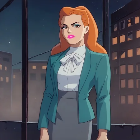 safe_pos, score_9, score_8_up, score_7_up, solo, 1girl, lipstick, pink lips, makeup, long hair, orange hair, brown eyes, aqua jacket, white shirt, ribbon pencil skirt, grey skirt, looking at viewer, Summer Gleeson, middle of the city, night, standing, seductive, flirting