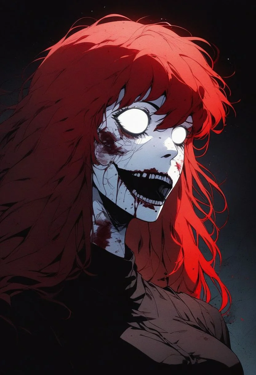<lora:Kenva:1.0> score_9, knva, halftone effect, 1girl, solo, ghost, ghoul, white eyes, bloody, large breasts, horror, red hair,
