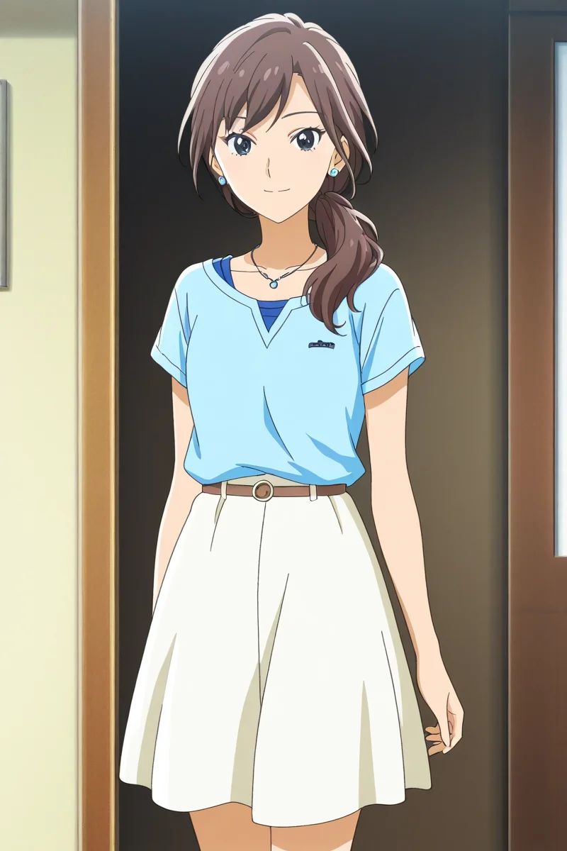 <lora:Add_more_details_pony:0.8> <lora:matsukaze_kanoko_illus_deaimon:1> matsukaze kanoko, 1girl, solo, long hair, looking at viewer, smile, brown hair, shirt, jewelry, collarbone, cowboy shot, short sleeves, earrings, necklace, black eyes, blue t-shirt, anime coloring, outfit 2, side low ponytail, blue stripped on t-shirt, medium skirt, white skirt, knee height skirt,