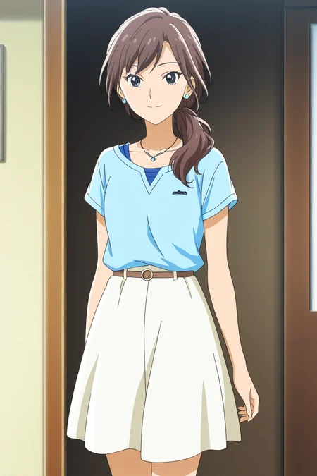 <lora:Add_more_details_pony:0.8> <lora:matsukaze_kanoko_illus_deaimon:1> matsukaze kanoko, 1girl, solo, long hair, looking at viewer, smile, brown hair, shirt, jewelry, collarbone, cowboy shot, short sleeves, earrings, necklace, black eyes, blue t-shirt, anime coloring, outfit 2, side low ponytail, blue stripped on t-shirt, medium skirt, white skirt, knee height skirt,