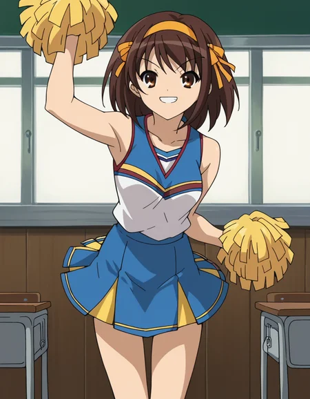 score_9, score_8_up, score_7_up, source_anime,
haruhisuzumiya,  <lora:haruhi-suzumiya-s1-ponyxl-lora-nochekaiser:1>,
haruhi suzumiya, short hair, brown hair, brown eyes, hairband, medium hair, ribbon, hair ribbon,
skirt, pleated skirt, blue skirt, cheerleader, pom pom \(cheerleading\), sleeveless,
indoors, classroom, bent over, smile,
looking at viewer, cowboy shot, solo,