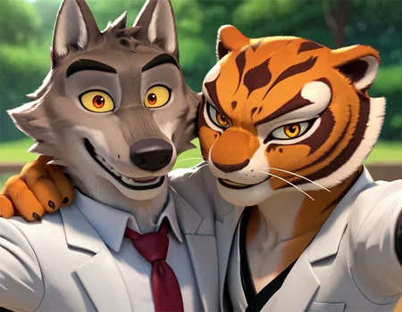 <lora:DreamWorks_Furry_Mix:0.6>, score_9, score_8_up, score_7_up, score_6_up, duo, male with male, selfie, looking at viewer, BREAK
source_furry, Tigress, 1girl, BREAK
MrWolf, white suit, grey wolf, yellow eyes