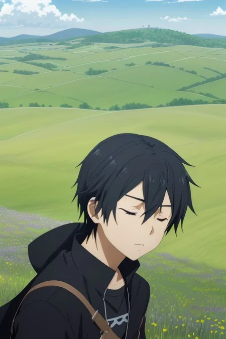 high resolution, solo, best quality, 1Boy, Kazuto Kirigaya, portraits, Black Hair, Black Eyes, sleep, meadow hills, wind breeze, OverallDetail