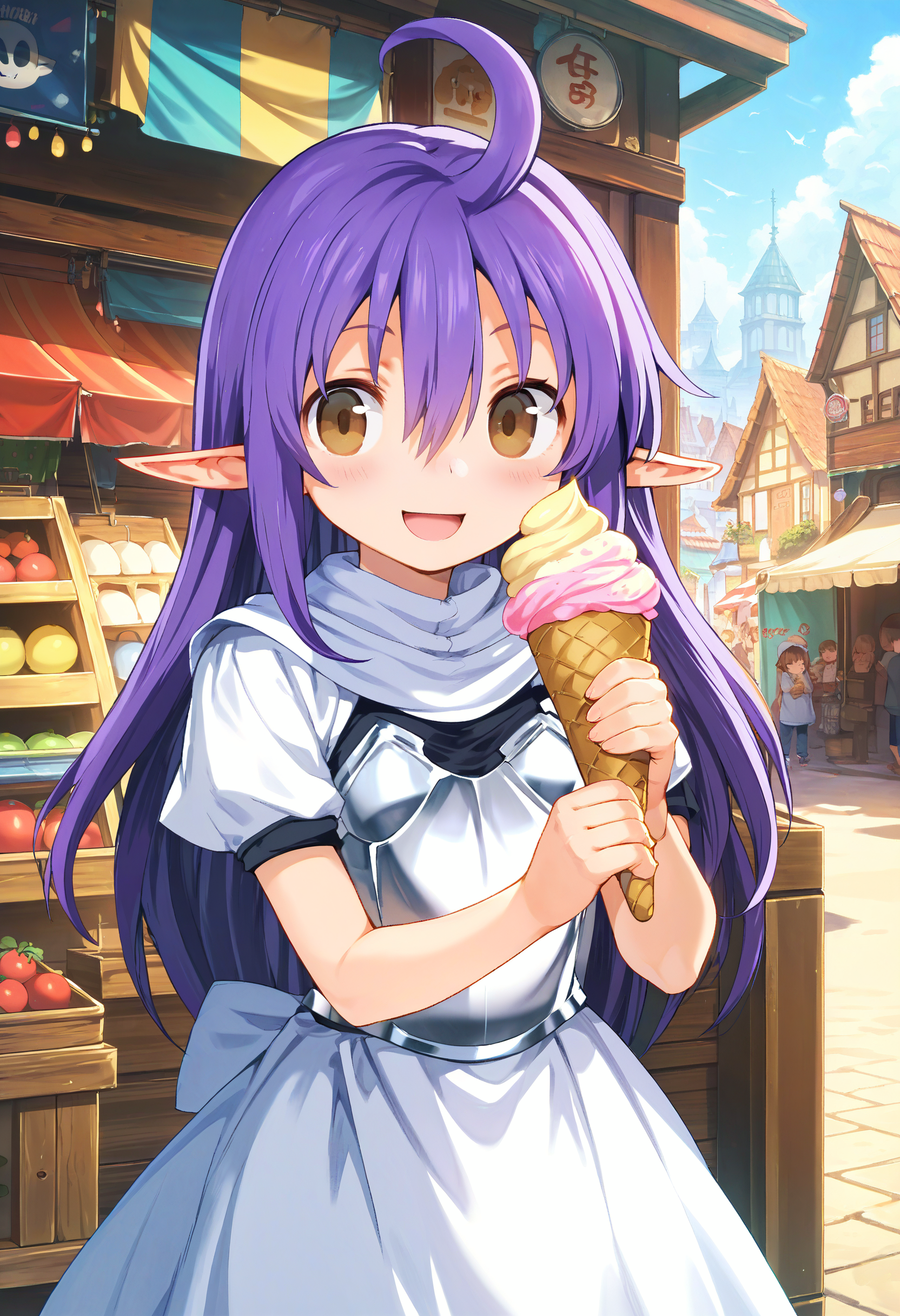 score_9,score_8_up,score_7_up,score_6_up,source_anime,<lora:Cool_Rance_Hadrian:1>,1girl,child,purple hair,long hair,brown eyes,hair between eyes,happy,upper body,holding ice cream crepe,pointy ears,light blush,market stall,outdoors,crowd,looking at viewer,armor dress,ahoge,
