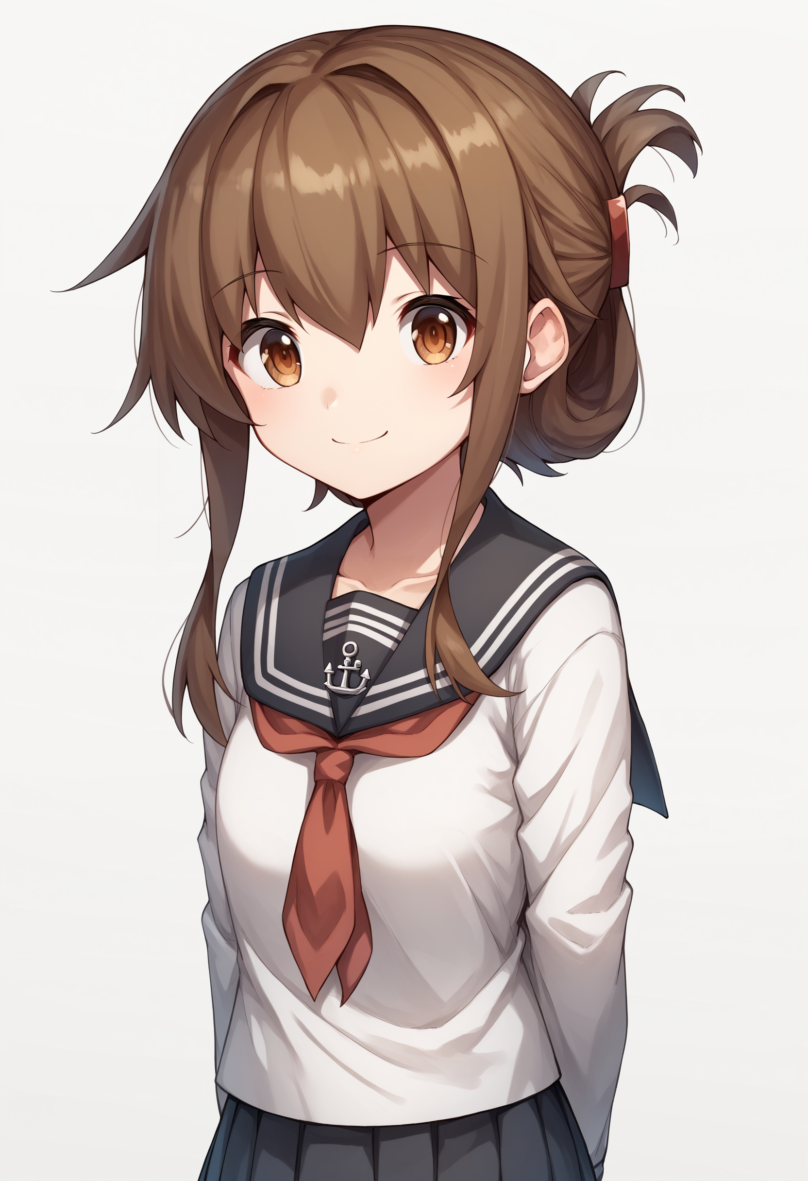 score_9, score_8_up, score_7_up, score_6_up, score_5_up, score_4_up, BREAK, source_anime,
1girl, inazuma \(kancolle\), brown hair, folded ponytail, long hair, brown eyes,
anchor symbol, black sailor collar, long sleeves, neckerchief, school uniform, serafuku, pleated skirt, black skirt,
hands behind back, smile, upper body, looking at viewer, solo, simple background, white background     <lora:InazumaXL:1>