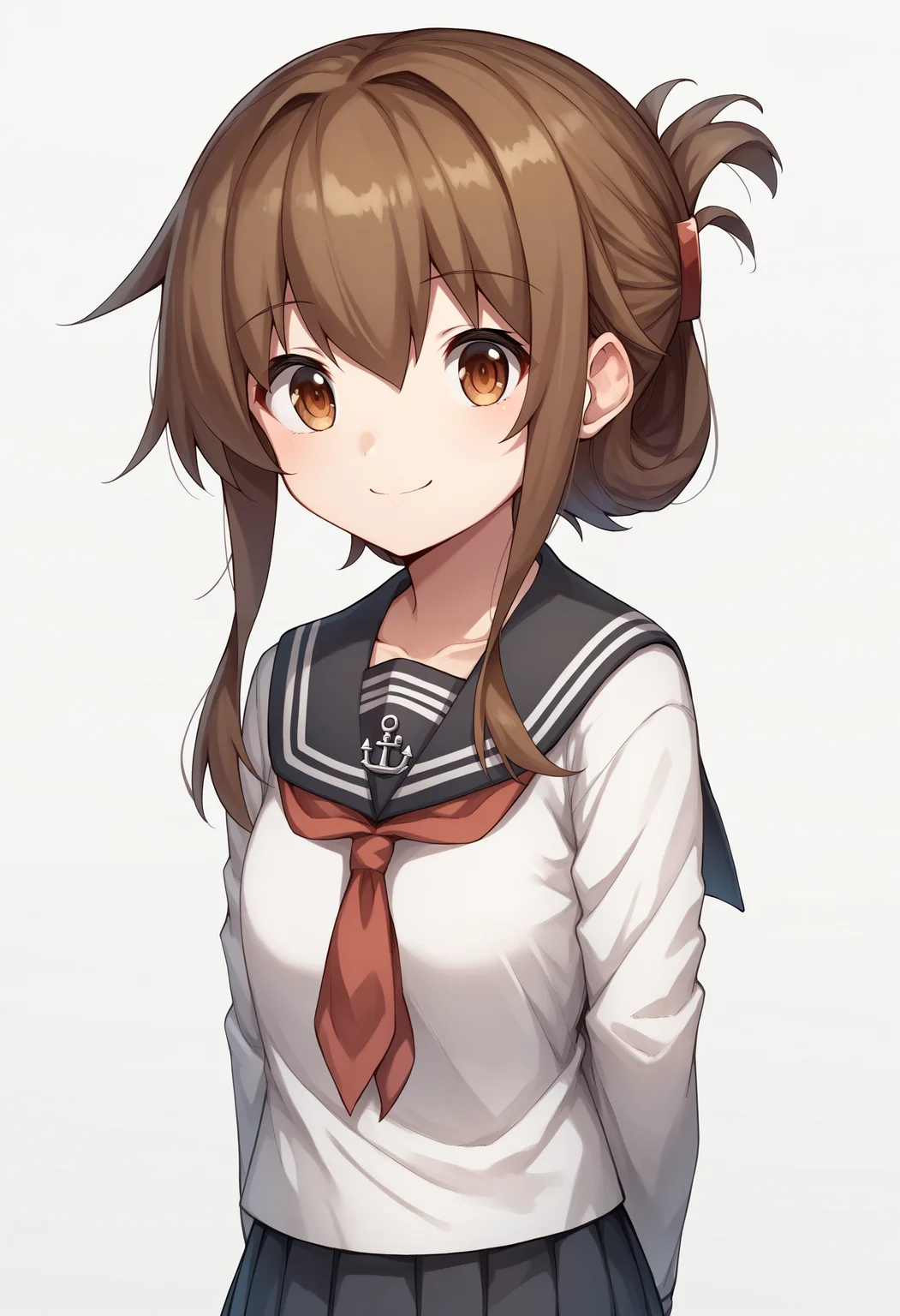 score_9, score_8_up, score_7_up, score_6_up, score_5_up, score_4_up, BREAK, source_anime,
1girl, inazuma \(kancolle\), brown hair, folded ponytail, long hair, brown eyes,
anchor symbol, black sailor collar, long sleeves, neckerchief, school uniform, serafuku, pleated skirt, black skirt,
hands behind back, smile, upper body, looking at viewer, solo, simple background, white background <lora:InazumaXL:1>
