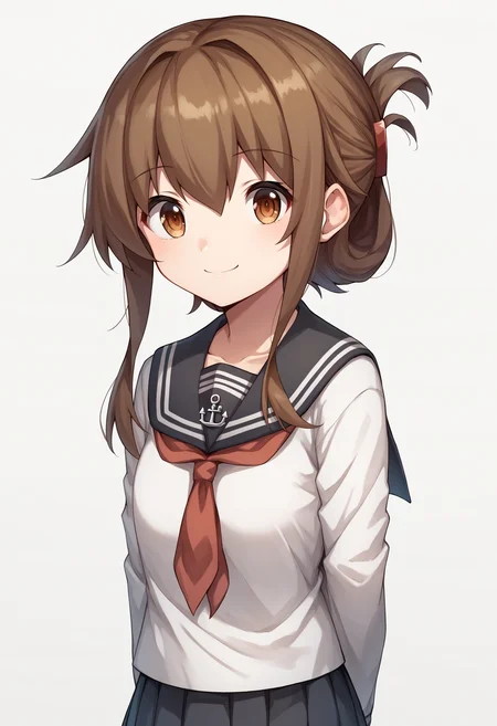 score_9, score_8_up, score_7_up, score_6_up, score_5_up, score_4_up, BREAK, source_anime,
1girl, inazuma \(kancolle\), brown hair, folded ponytail, long hair, brown eyes,
anchor symbol, black sailor collar, long sleeves, neckerchief, school uniform, serafuku, pleated skirt, black skirt,
hands behind back, smile, upper body, looking at viewer, solo, simple background, white background <lora:InazumaXL:1>
