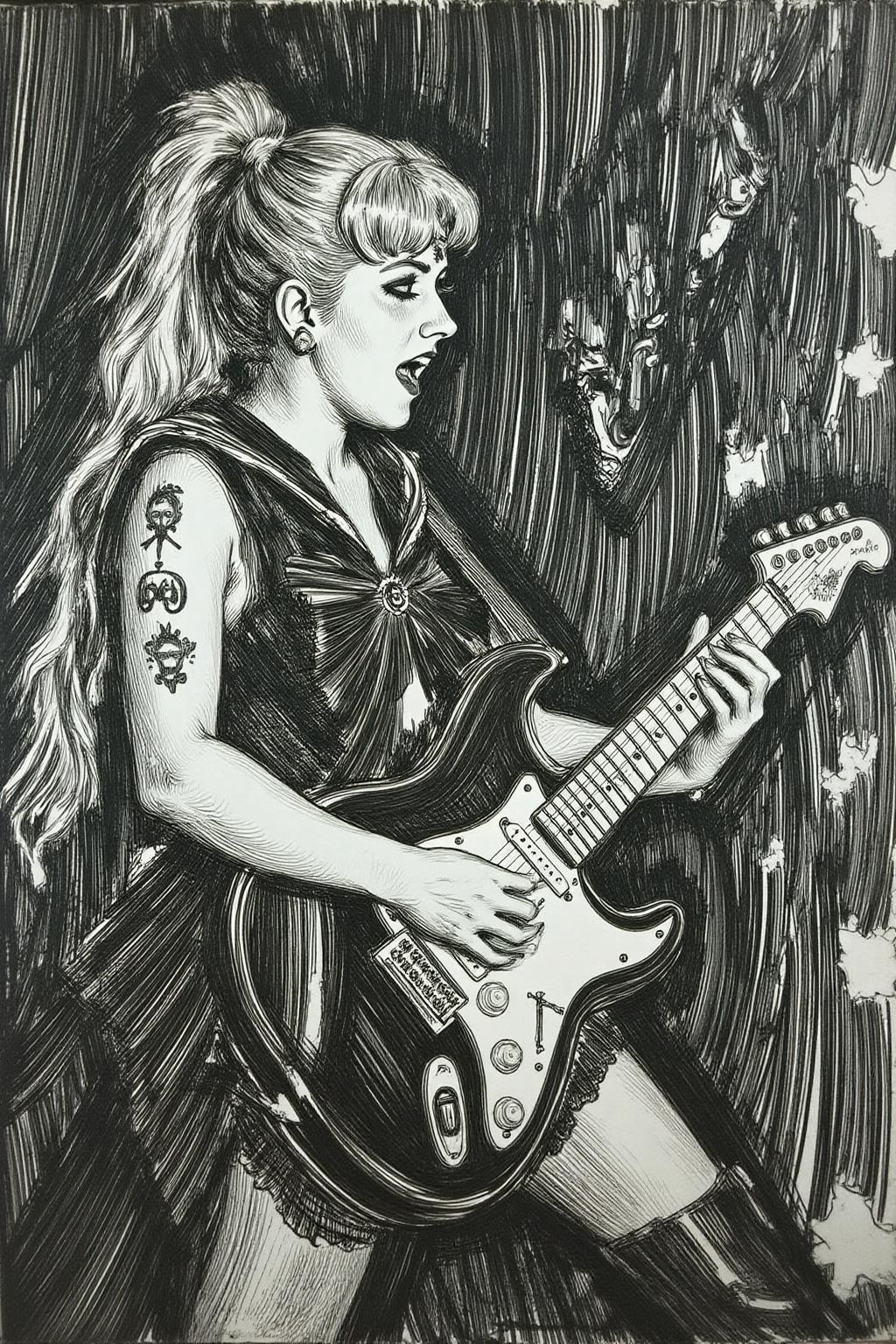 anzo1 black and white etching.
punk sailor moon playing a guitar at a heavy metal mosh pit, tattoos, piercing. <lora:anzo1_nocap_d6a3:1.0><lora:815136599236131317:0>